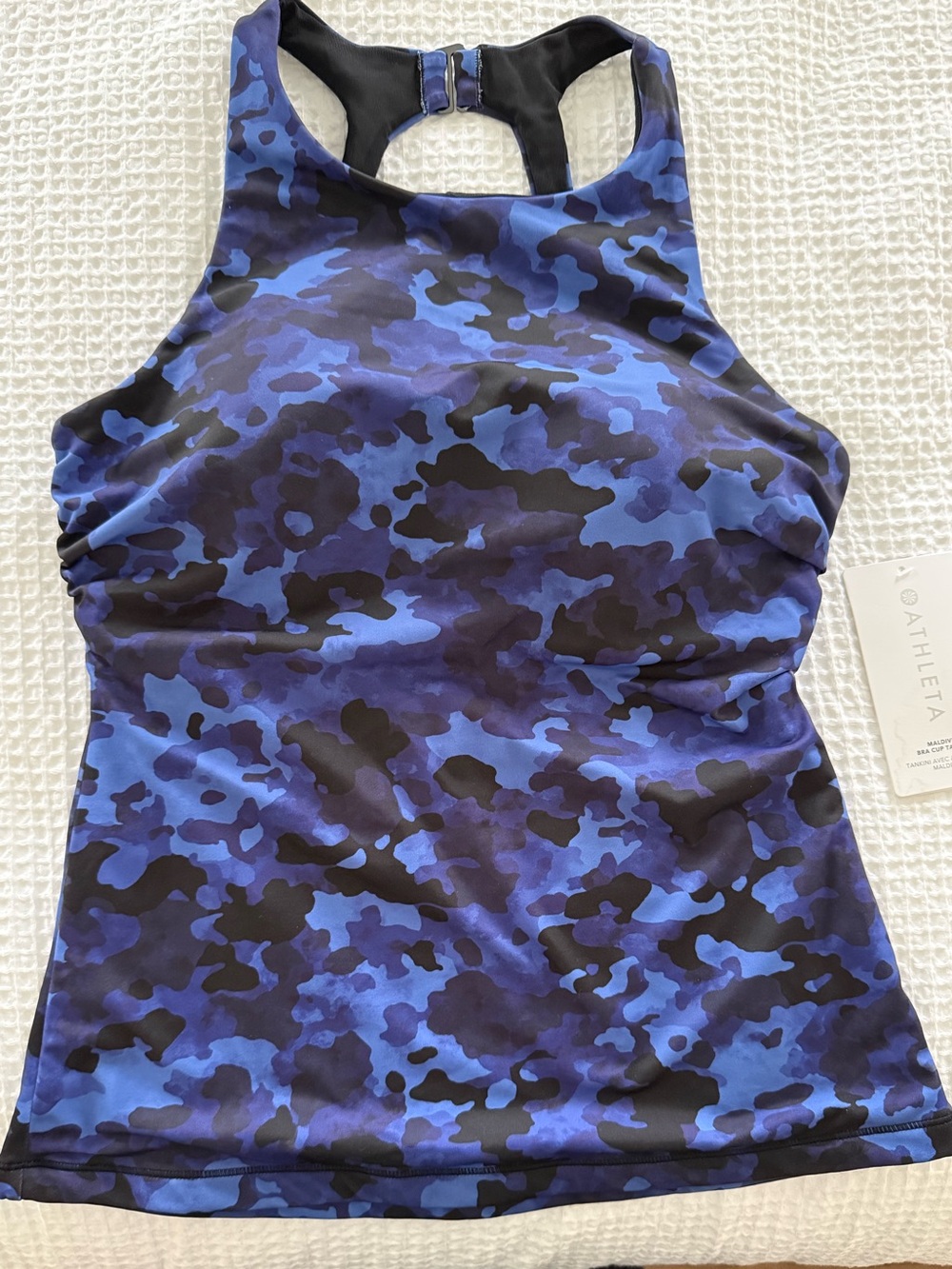 Athleta Blue and Black Camo Printed High-Neck Tankini